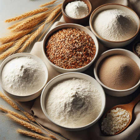 Bowls of flour and grains; rye, wheat, wholewheat, spelt
