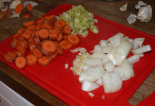 chopped up onions, garlic, carrot and celery